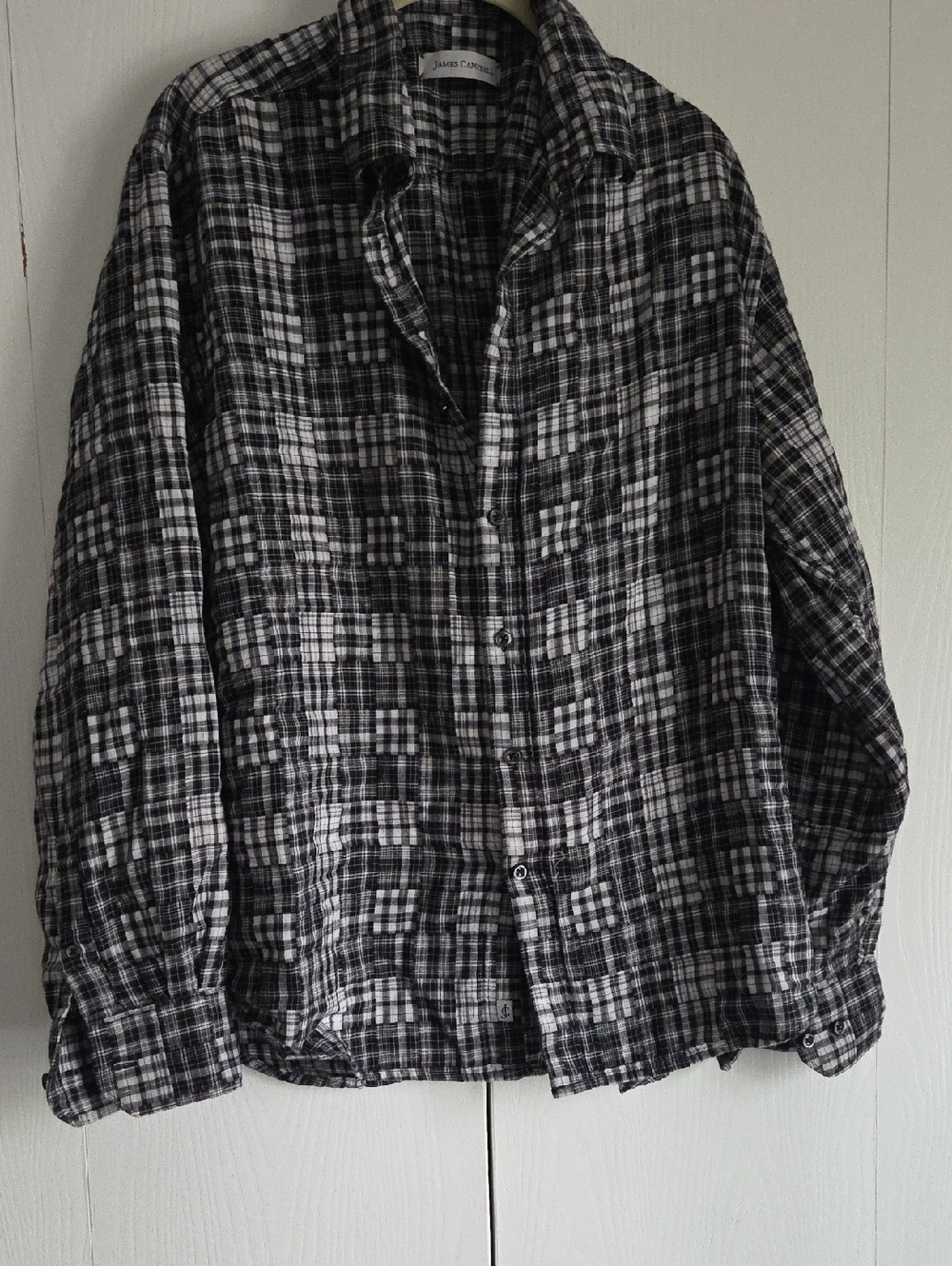 James Campell Black White Plaid Patchwork Shirt L